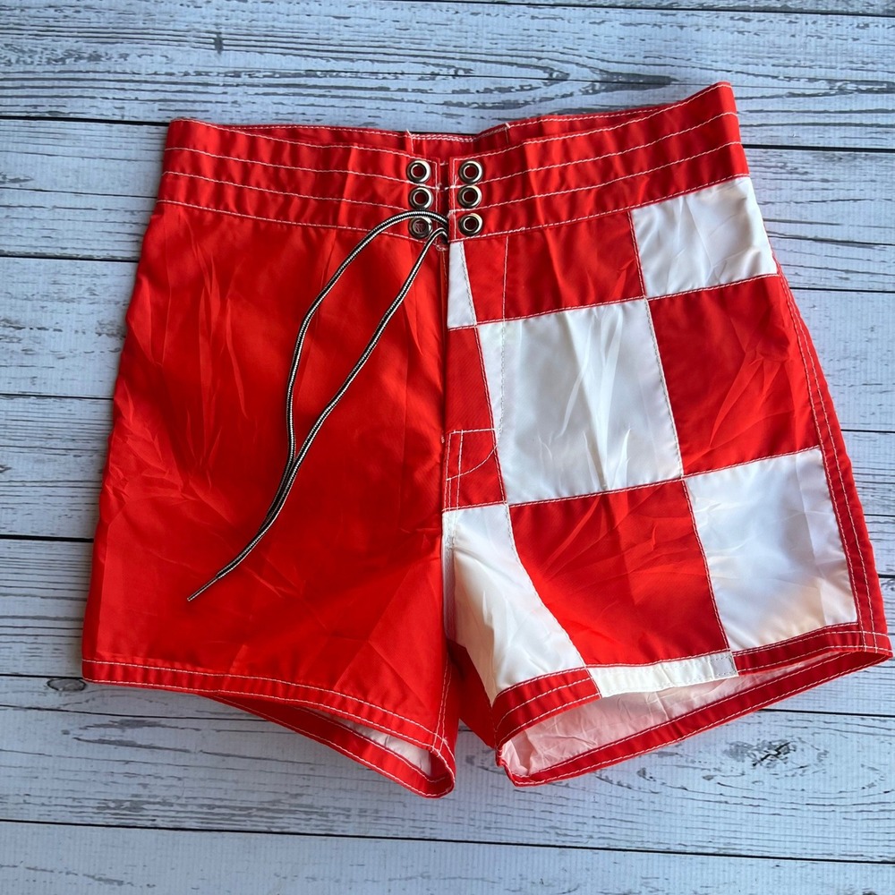 Birdwell Beach Britches Orange/Red Checkerboard Board Shorts Mens 27 Vintage USA